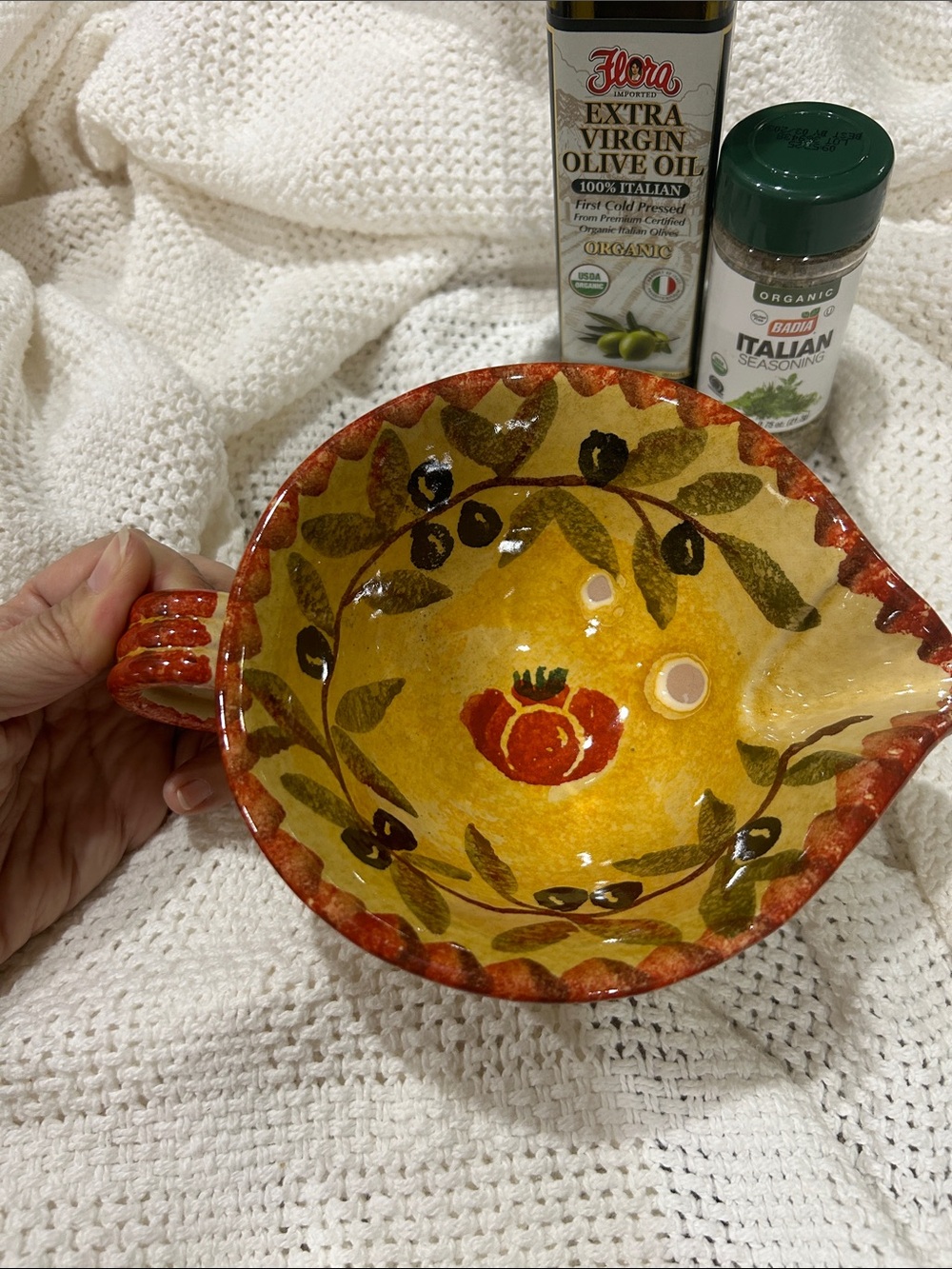 Italian Ceramic Dish with Pour Spout Handpainted in Italy Tomato and Olive